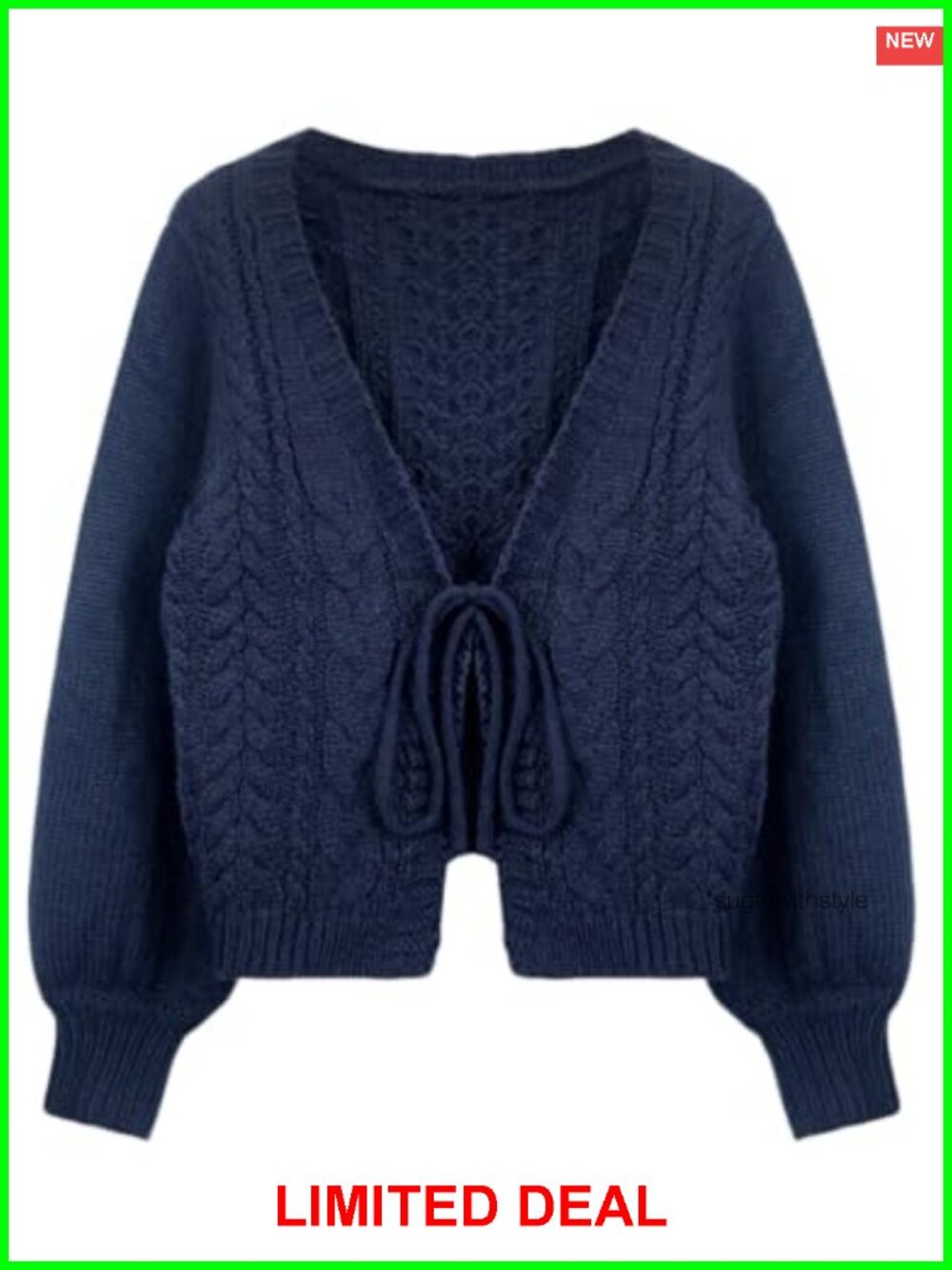 Tie Front Cable Knit Cardigan Sweater Long Sleeve V Neck Women's
